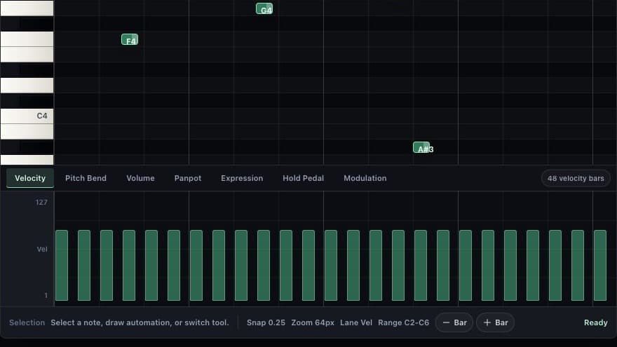 Controller lane in Sunp MIDI Editor showing velocity bars and MIDI controller tabs