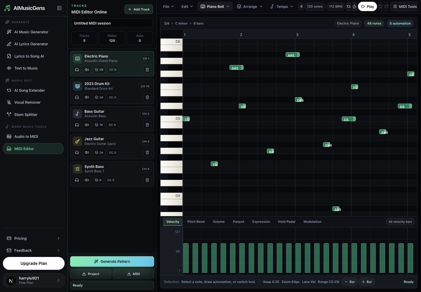 Sunp MIDI Editor showing multi-track controls, piano roll notes, and velocity controller lane