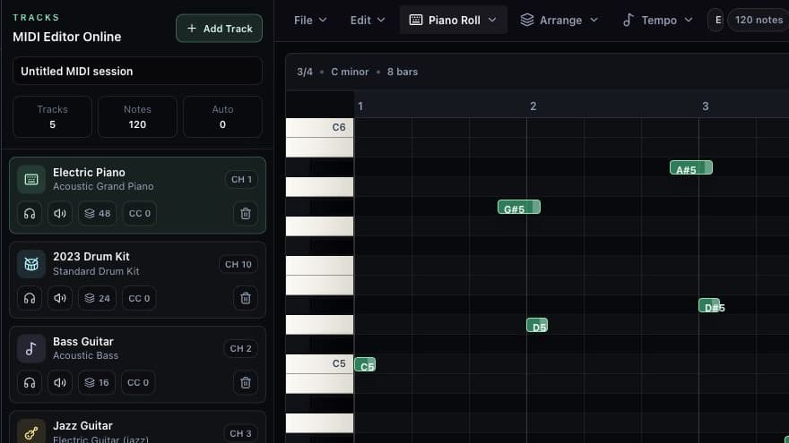 Track rail in Sunp MIDI Editor showing instruments, MIDI channels, note counts, solo, mute, and delete controls