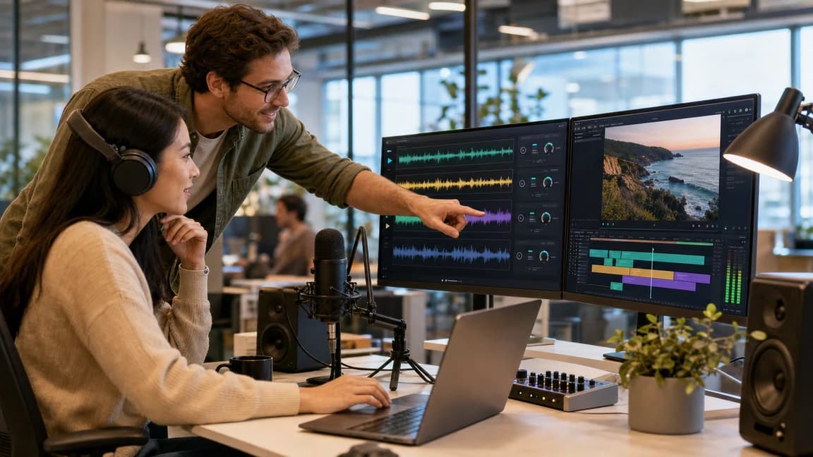 Creators reviewing music and lyric ideas in a studio workspace